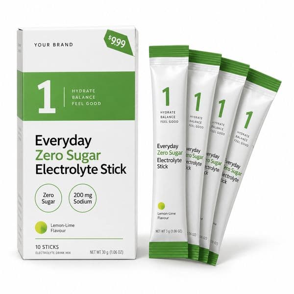 Tier 1 · Everyday Zero Sugar Stick — private-label electrolyte powder mock-up, your brand