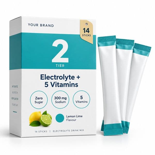 Tier 2 · Electrolyte + 5 Vitamins Stick — private-label electrolyte powder mock-up, your brand