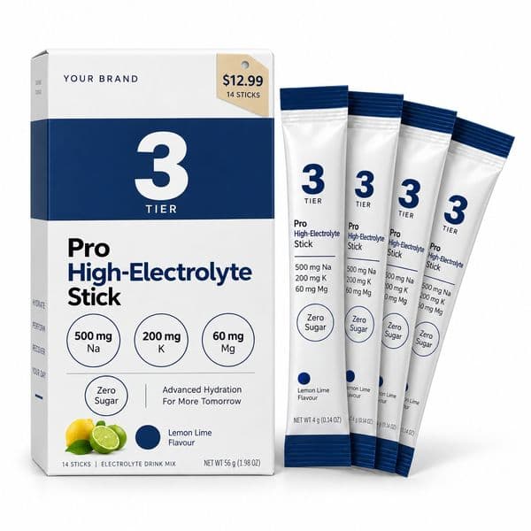 Tier 3 · Pro High-Electrolyte Stick — private-label electrolyte powder mock-up, your brand
