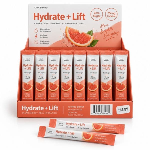 Till-Side Hydrate + Lift Single — private-label electrolyte powder mock-up, your brand
