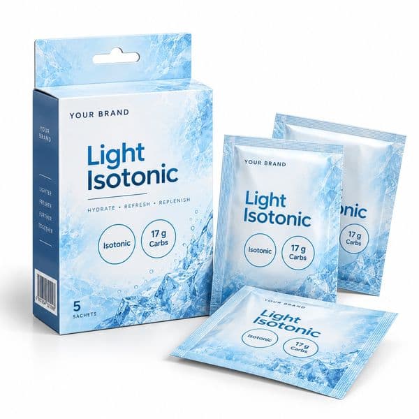 Chiller-Side Light Isotonic Sachet — private-label electrolyte powder mock-up, your brand