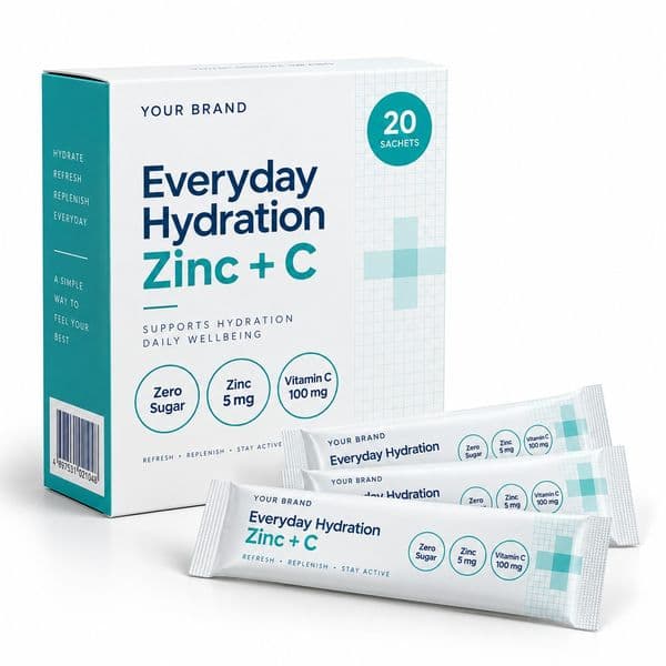 Everyday Hydration Zinc + C Sachet — private-label electrolyte powder mock-up, your brand