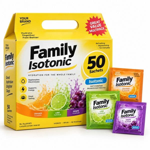 Family Isotonic 50-Sachet Carton — private-label electrolyte powder mock-up, your brand
