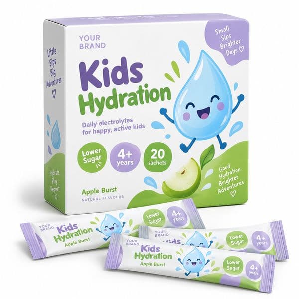 Kids Lower-Sugar Hydration Sachet — private-label electrolyte powder mock-up, your brand