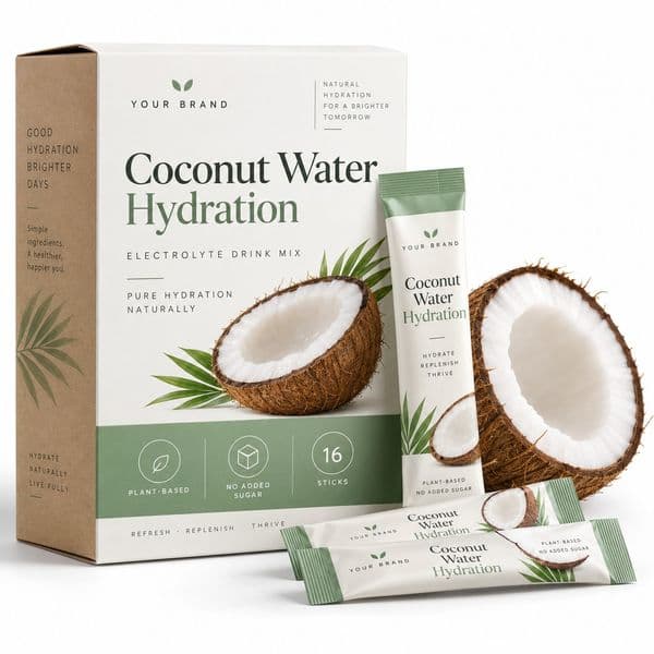 Coconut Water Plant Hydration Stick — private-label electrolyte powder mock-up, your brand