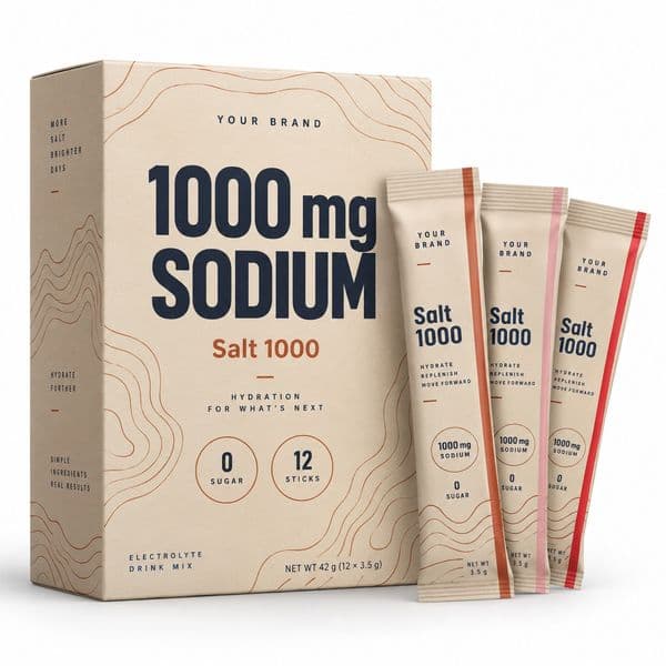 1000 Sodium Salt Stick — private-label electrolyte powder mock-up, your brand