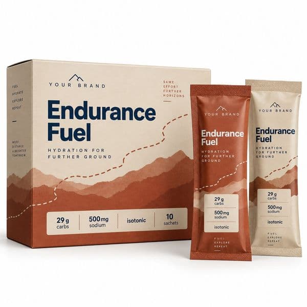 Endurance Carb + Electrolyte Sachet — private-label electrolyte powder mock-up, your brand