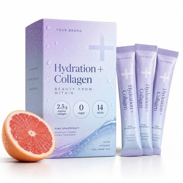 Halal Marine Collagen Hydration Stick — private-label electrolyte powder mock-up, your brand