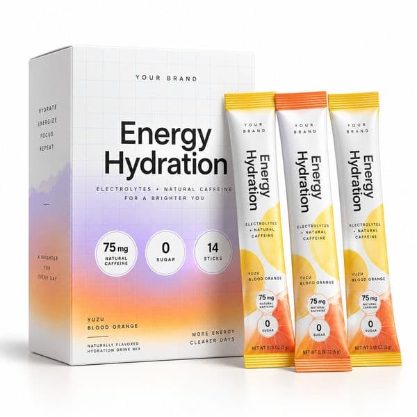Natural Caffeine Energy Hydration Stick — private-label electrolyte powder mock-up, your brand