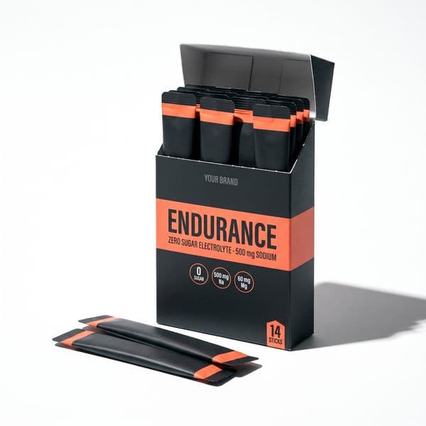 Endurance Zero-Sugar Stick — private-label electrolyte powder mock-up, your brand