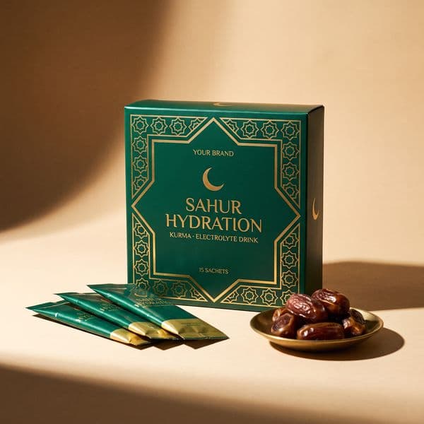 Sahur Hydration Sachet — private-label electrolyte powder mock-up, your brand