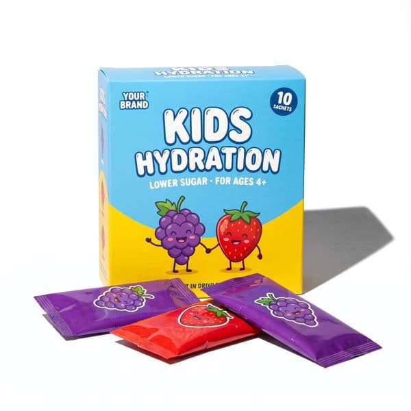 Kids Hydration Sachet — private-label electrolyte powder mock-up, your brand