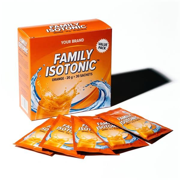 Family Value Isotonic — private-label electrolyte powder mock-up, your brand