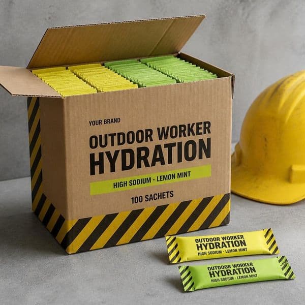 Outdoor Worker Hydration — private-label electrolyte powder mock-up, your brand