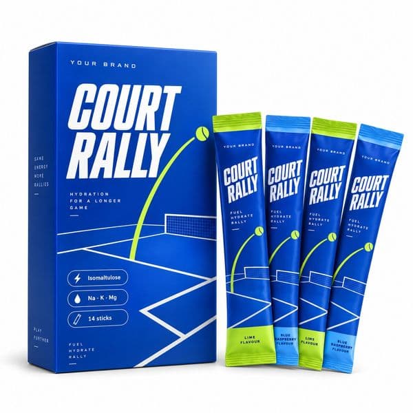 Court Rally Stick — private-label electrolyte powder mock-up, your brand