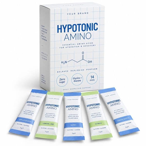 Hypotonic Amino Hydration — private-label electrolyte powder mock-up, your brand