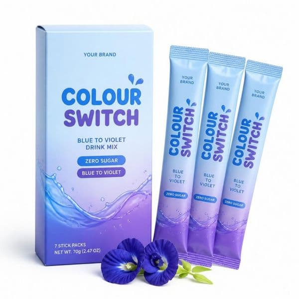 Butterfly Pea Colour-Switch Stick — private-label electrolyte powder mock-up, your brand