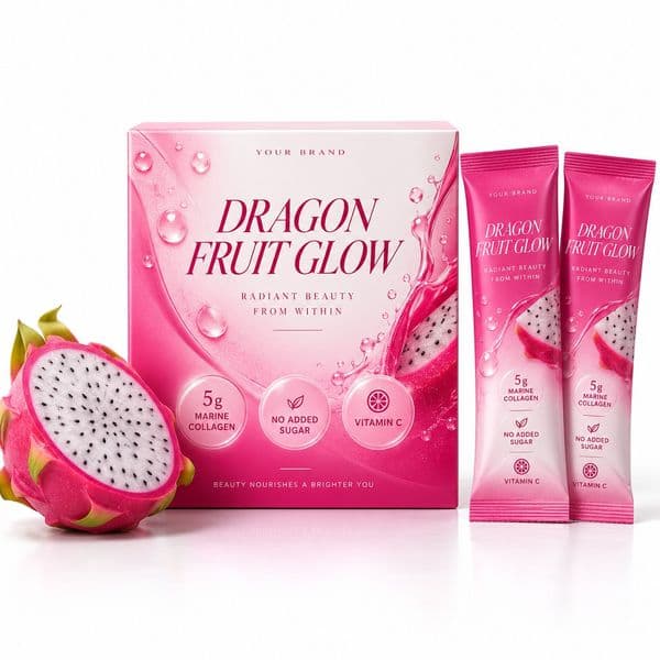 Dragon Fruit Glow Sachet — private-label electrolyte powder mock-up, your brand
