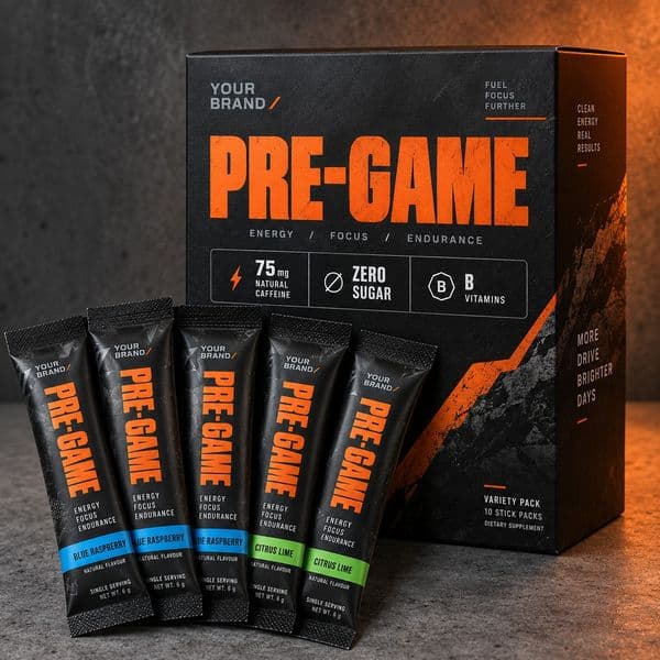 Pre-Game Hydration Stick — private-label electrolyte powder mock-up, your brand