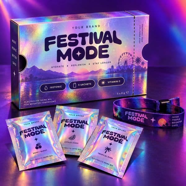 Festival Day Isotonic Sachet — private-label electrolyte powder mock-up, your brand