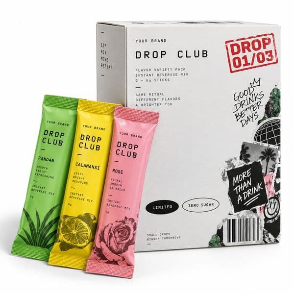Limited-Drop Flavour Box — private-label electrolyte powder mock-up, your brand