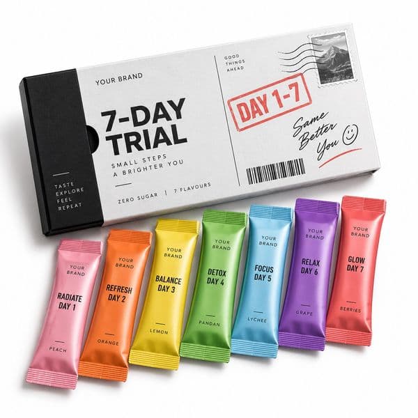 7-Day Trial Mini Pack — private-label electrolyte powder mock-up, your brand