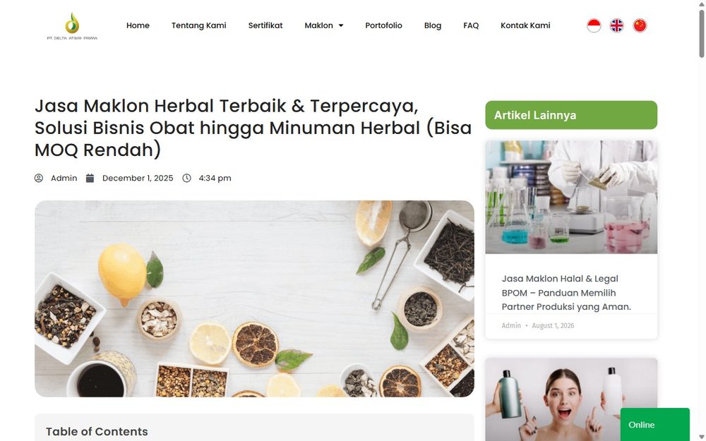 PT Delta Atsiri Prima herbal maklon low MOQ contract manufacturing page